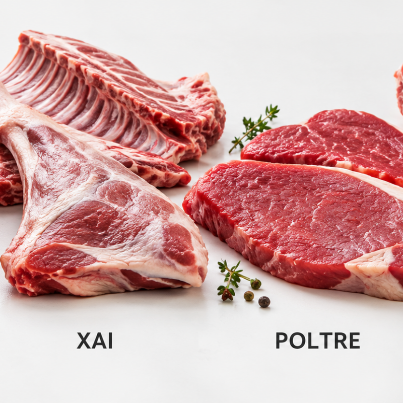 Diferents carns vermelles: vedella, xai, poltre i porc
