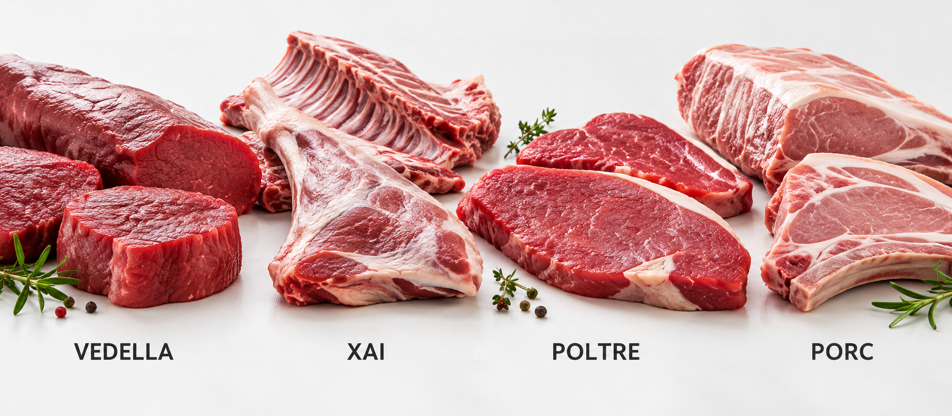 Diferents carns vermelles: vedella, xai, poltre i porc